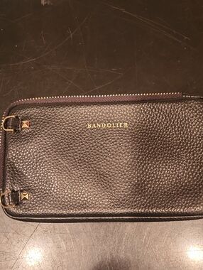Bandolier Expanded Pouch Black Pebbled Leather with Gold Hardware